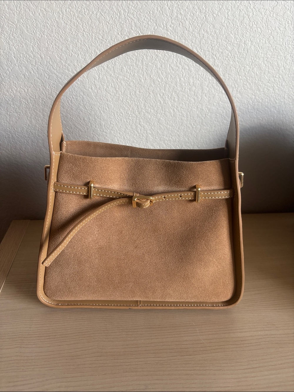 Suede Mini Shoulder Bag in Tan with Knot Detail